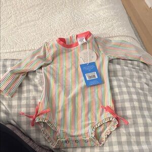 Ruffle Butts Striped Long Sleeve Baby Bodysuit - Coral Trim